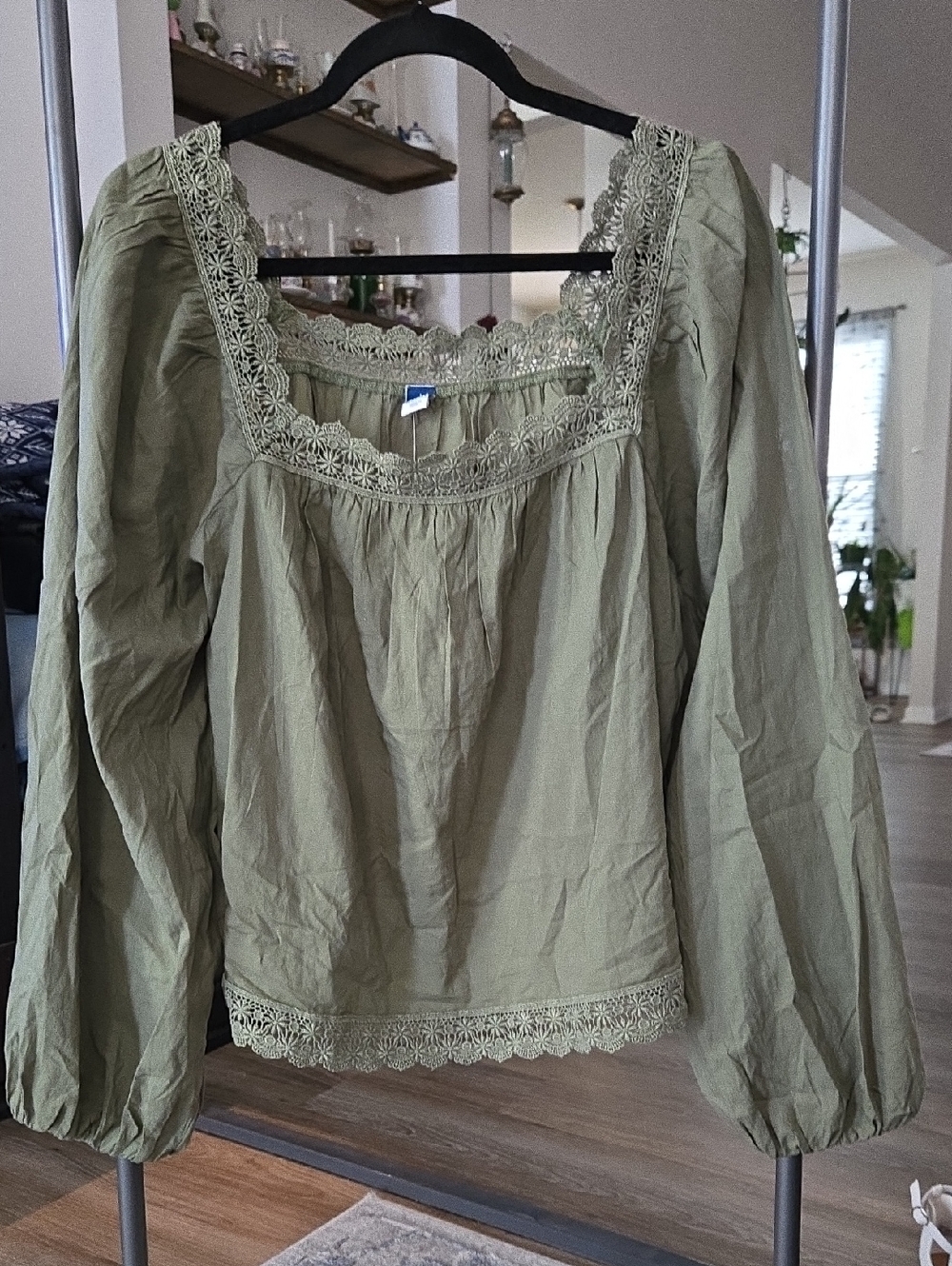 Old Navy Olive Green Square-Neck Lace Trim Long-Sleeve Blouse